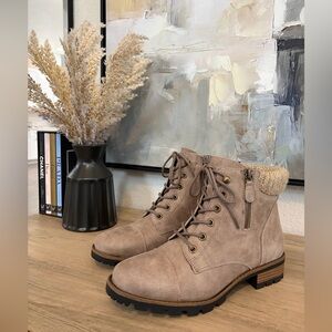 White Mountain Taupe Lace-Up Ankle Boots with Knit Collar